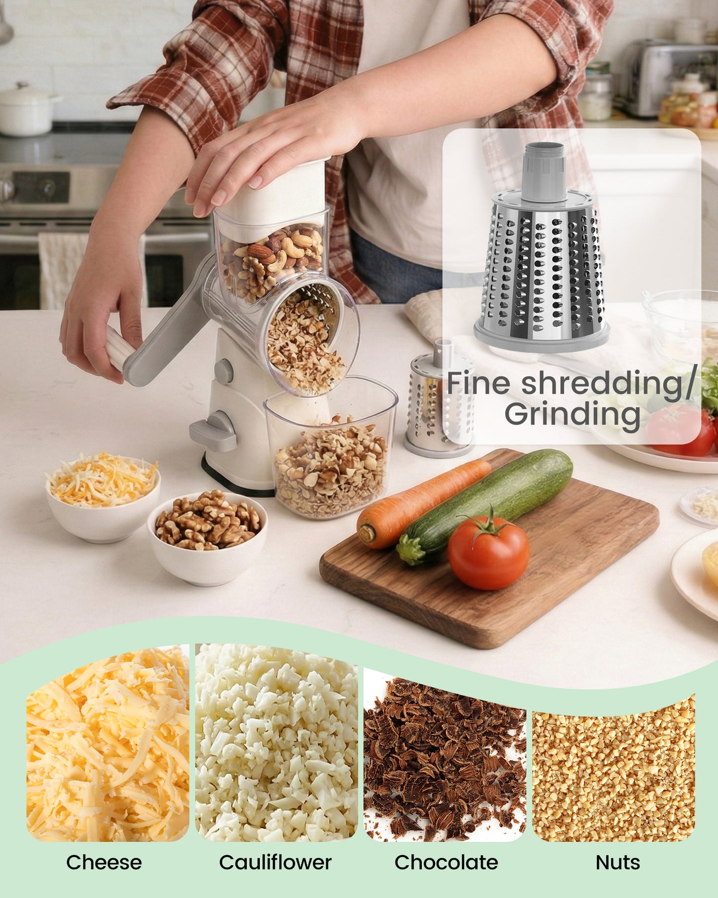 M Buder Rotary Cheese Grater with 3 Interchangeable Blades, Hand Crank Cheese Shredder Vegetable Chopper , Mandoline Slicer, Suction Base, White
