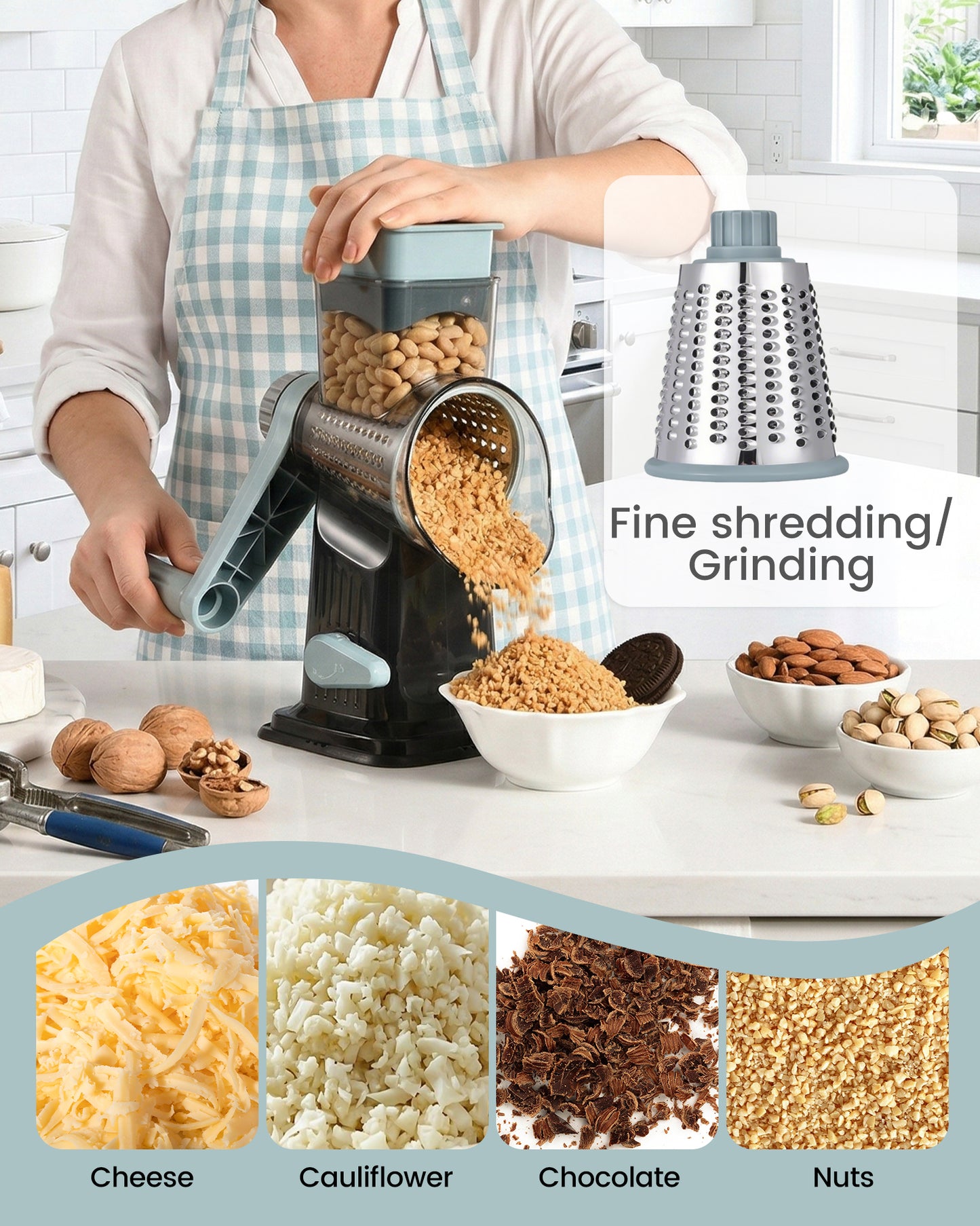 M Buder Rotary Cheese Grater with 3 Interchangeable Blades, Hand Crank Cheese Shredder Vegetable Chopper , Mandoline Slicer, Suction Base, Gray