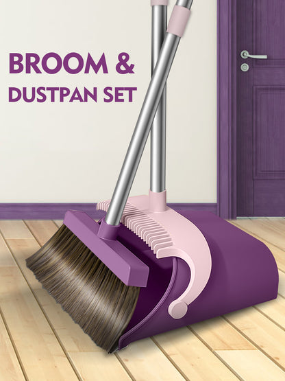 BIMZUC Broom and Dustpan Set for Home, Extendable to 53'' Long Handle Broom Dust Pan Comb, Purple