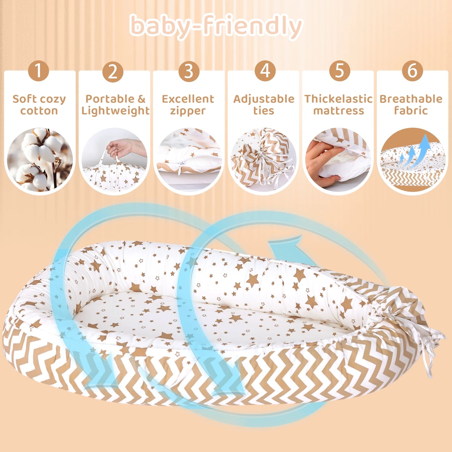 TAYYEE Baby Playmat for 0-24 Months, Portable Infant Lounger with Carry Handle – Brown, 35 x 19 inches