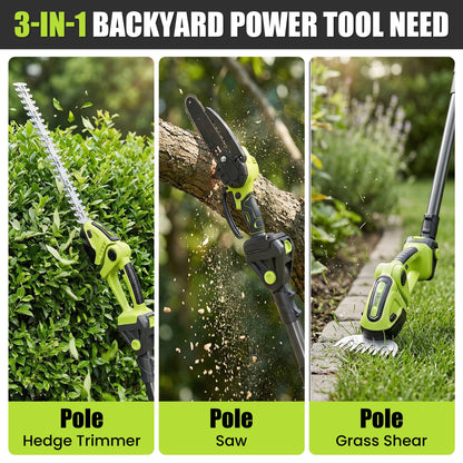 HOTREE 21V Cordless Pole Hedge Trimmer, 3-in-1 with 6 in Pole Saw & Branch Saw Attachment, 2.0Ah Battery & Charger, 16 ft Reach