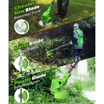 HOTREE 21V Cordless Weed Eater, String Trimmer, Edger & Mower with Battery and Multiple Blades for Lawn & Garden