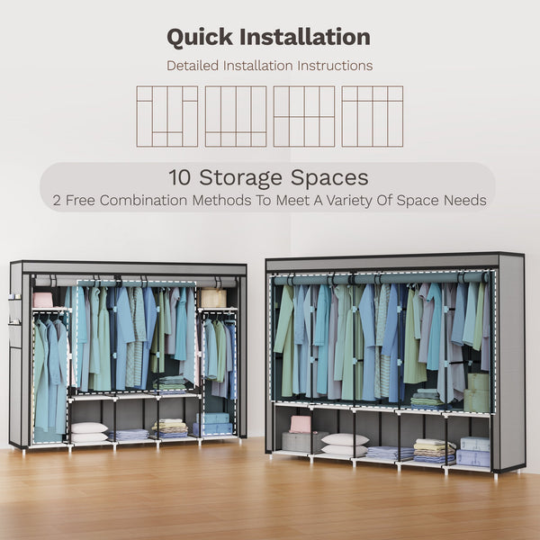 Riousery Portable Closet, 83 Inch Wardrobe Closet for Hanging Clothes 10 Storage Organizer Shelves, Grey