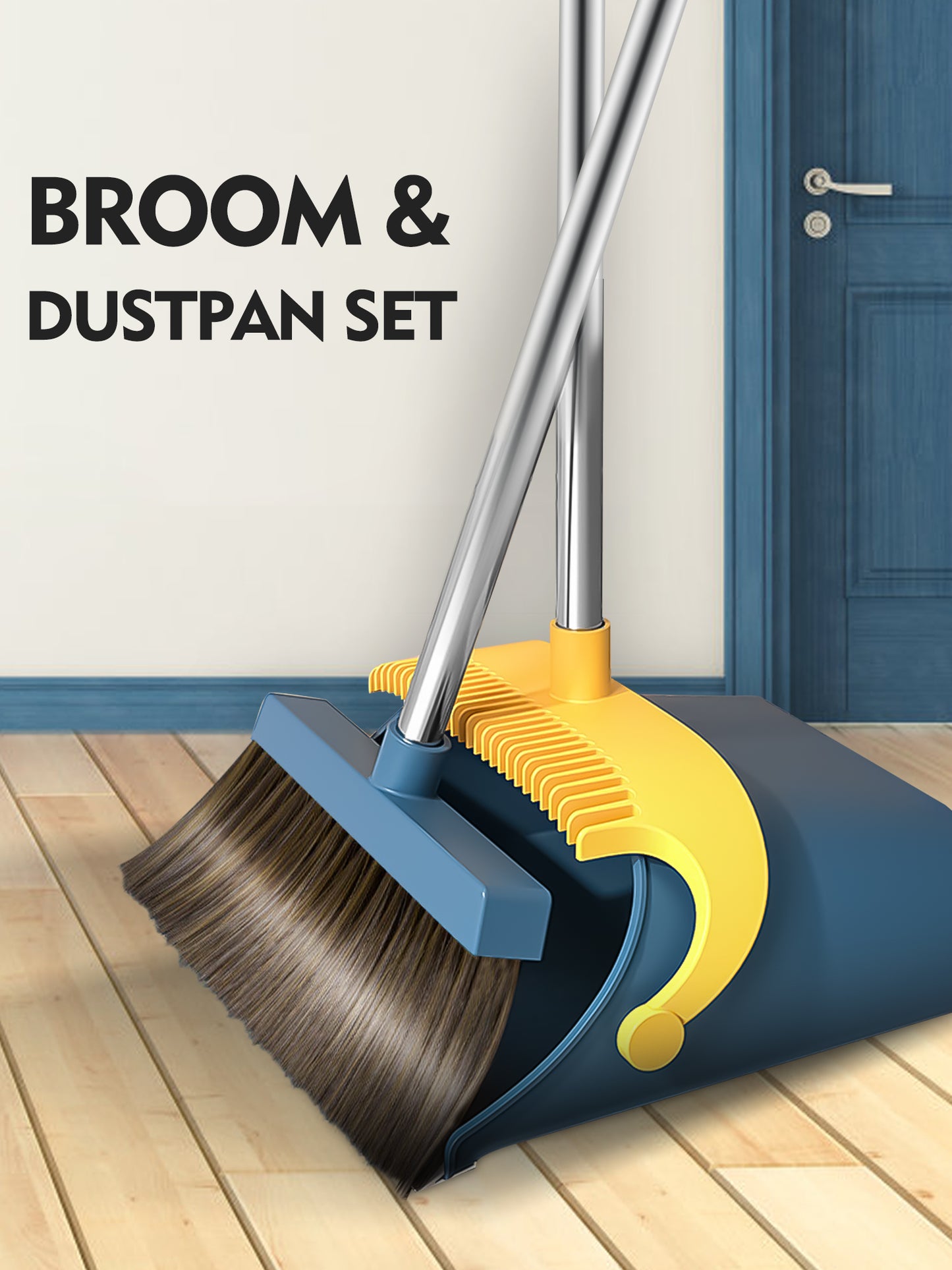 BIMZUC Upgrade Broom and Dustpan Set for Home,Self-Cleaning with Dustpan Teeth,51.2in,Stand Up,Blue