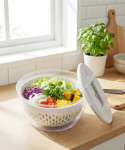 M Buder Salad Spinner, Vegetable Fruit Washer Dryer and Chopper, Lettuce Spinner with 5 Blade Slicer Shredder, 4500ML Slalad Bowl , White