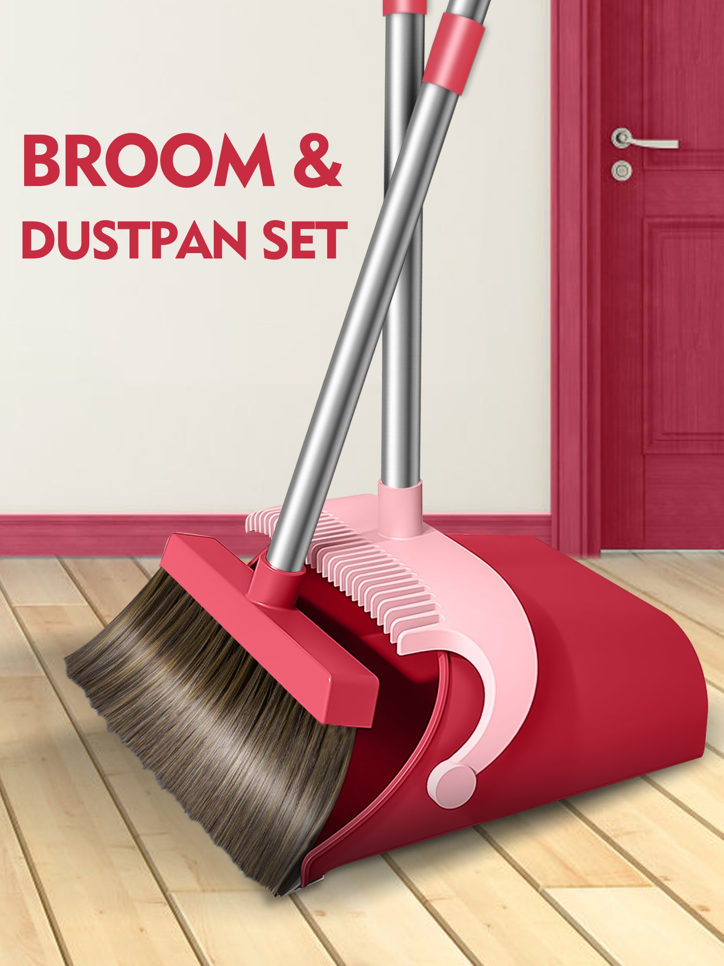 BIMZUC Broom and Dustpan Set for Home, Extendable to 51'' Long Handle Broom Dust Pan Comb, Pink