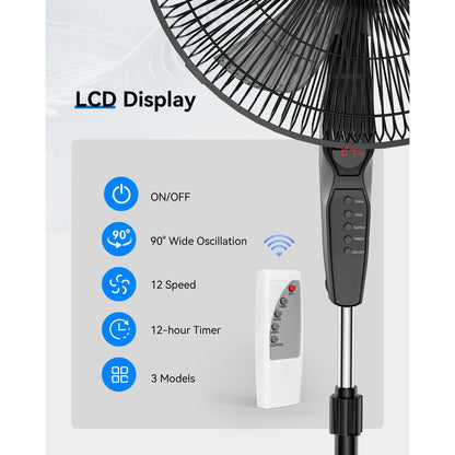 NFTIGB 16'' Oscillating Pedestal Fan w/Remote and Timer, 12 Speeds,Adjustable Height Floor Fan New