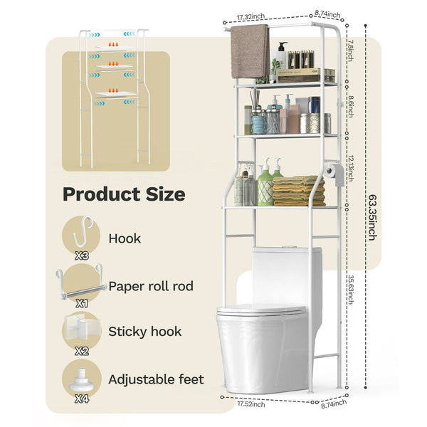 Riousery 3-Tier Over-the-Toilet Storage Rack, Bathroom Organizer Shelf, Freestanding Above-Toilet Stand for Bathroom & Laundry, White