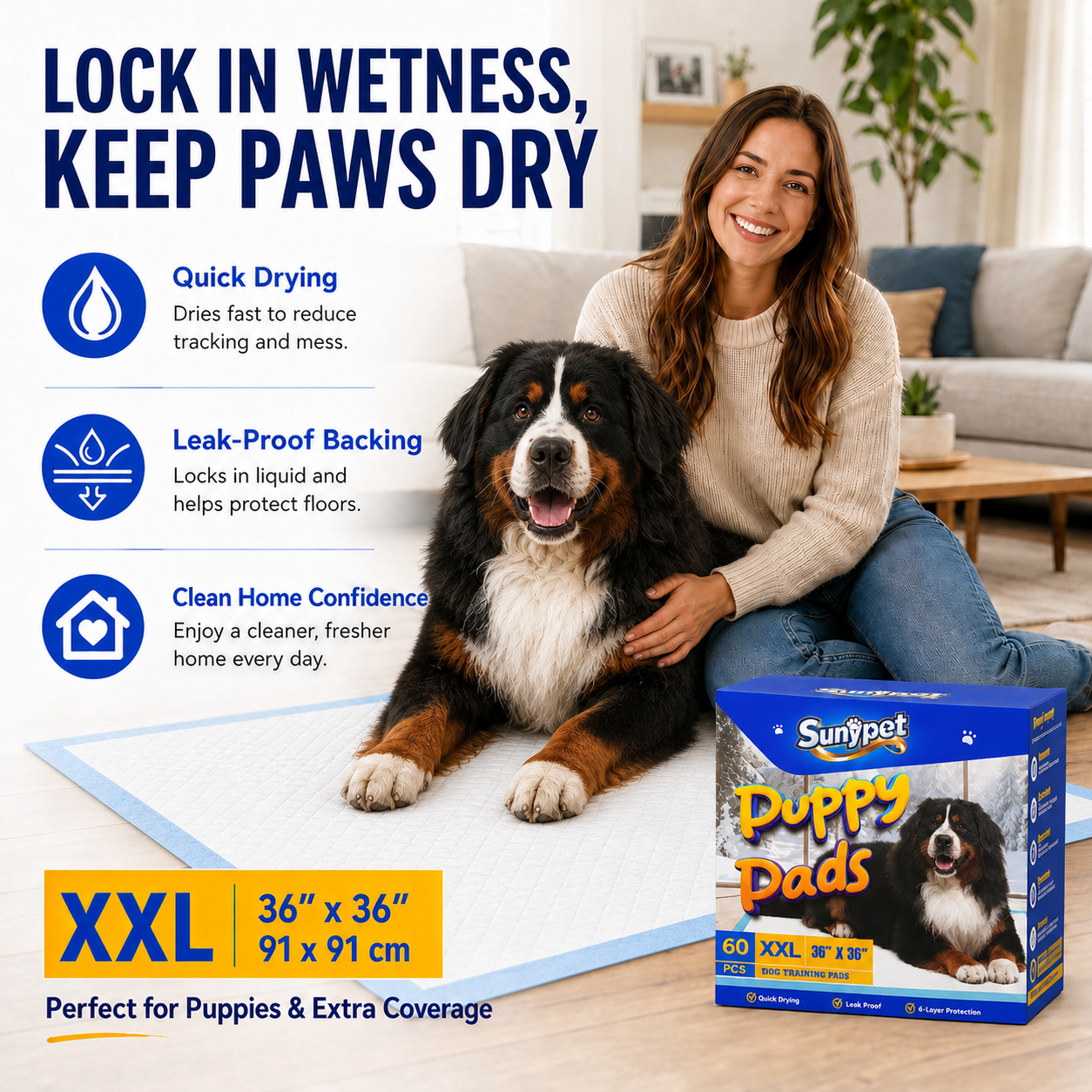 Sunypet Puppy Pads Disposable Dog Potty Training Pads, Quick Dry, Ultra Absorbent, XXL 36" x 36", 60ct