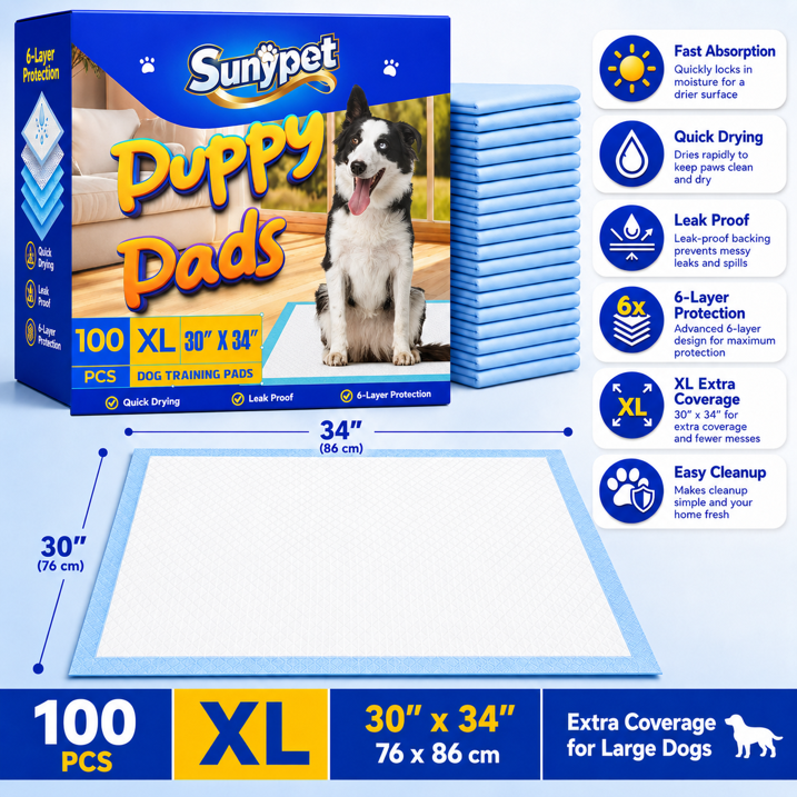 Sunypet Puppy Pads Disposable Dog Potty Training Pads, Quick Dry, Ultra Absorbent, XL 30"x34", 100ct