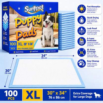 Sunypet Puppy Pads Disposable Dog Potty Training Pads, Quick Dry, Ultra Absorbent, XL 30"x34", 100ct