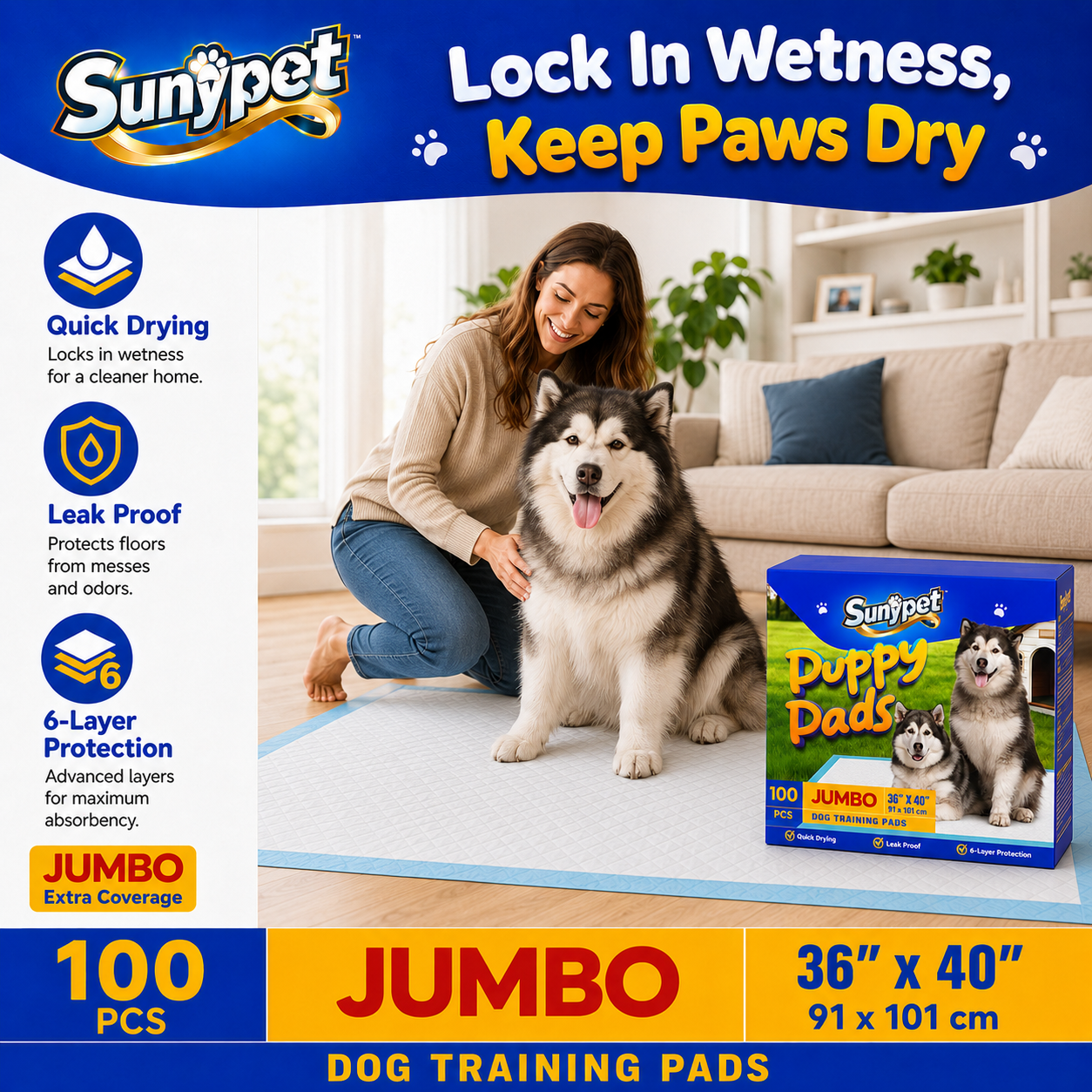 Sunypet Puppy Pads Disposable Dog Potty Training Pads, Quick Dry, Ultra Absorbent,Jumbo 36"x40", 100ct
