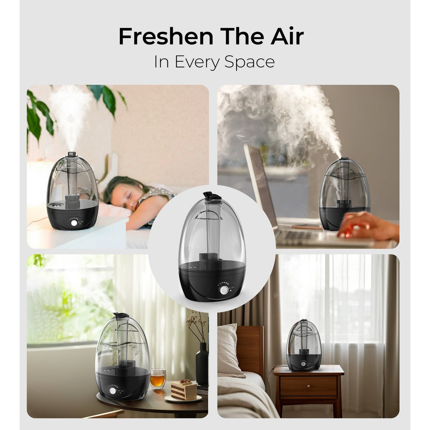 Cool Mist Humidifiers for Bedroom 3 L Water Tank Quiet Ultrasonic Air Vaporizer,Adjustable Mist Level, Black