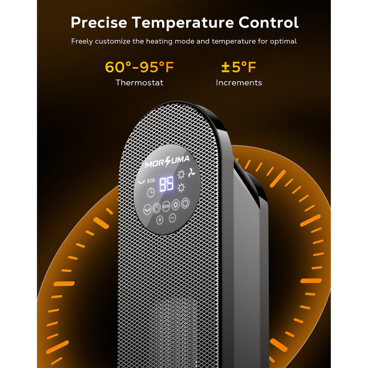 MORSUMA 25" PTC Space Heater, 1500W Ceramic Tower Heater with ECO Mode, Remote Control, 12H Timer, Oscillation, LED Display, Black