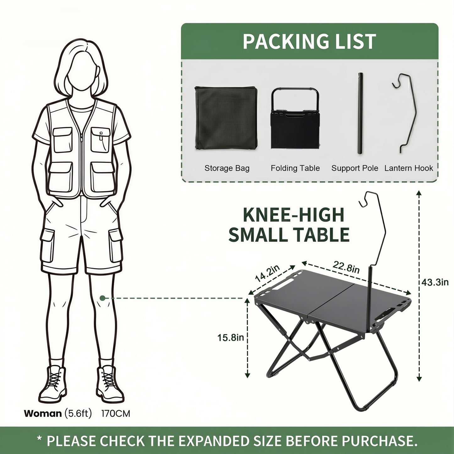 OHHANI Portable Folding Camping Table with Lantern Stand, Lightweight Tactical Aluminum Picnic Table with Storage Bag, Black
