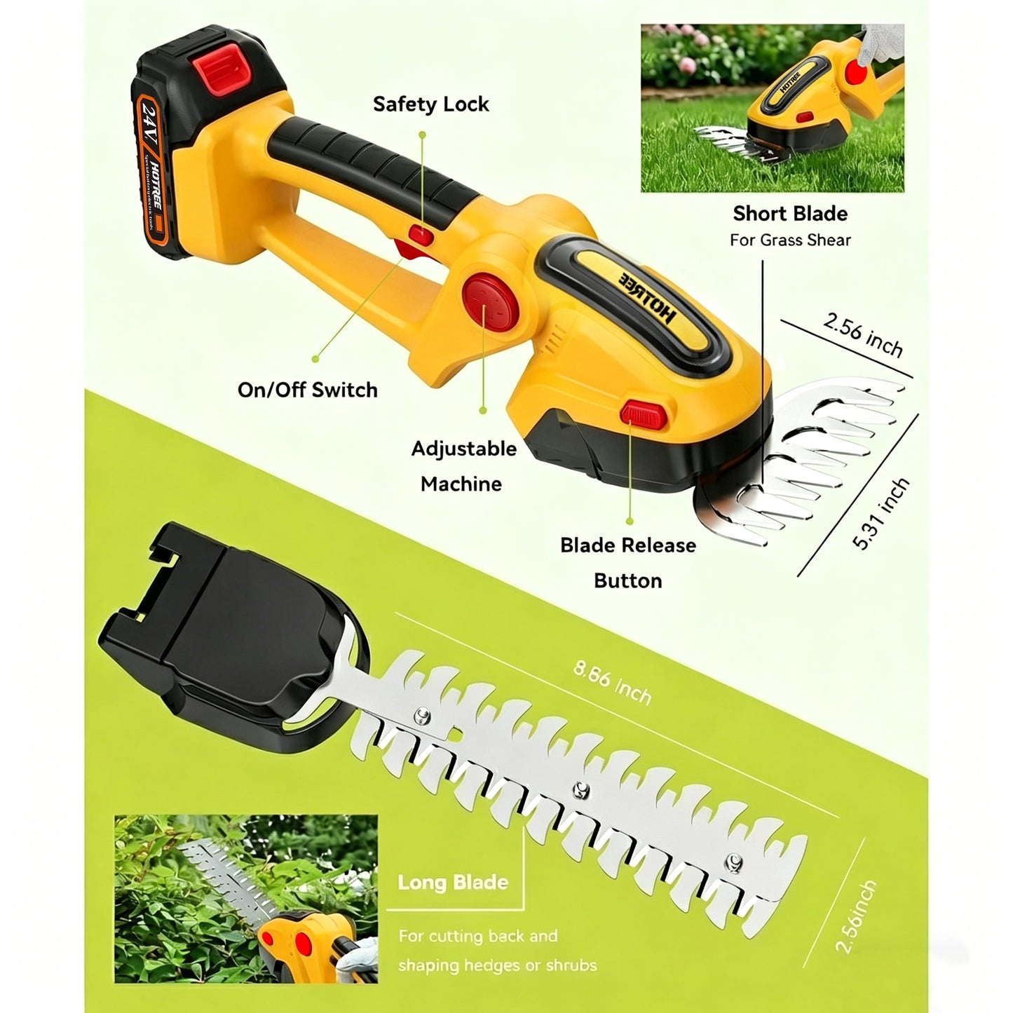 HOTREE Cordless Hedge Trimmer & Grass Shears, 90° Adjustable Head, 25,000 RPM, 2.4 lb, Up to 60 min Runtime