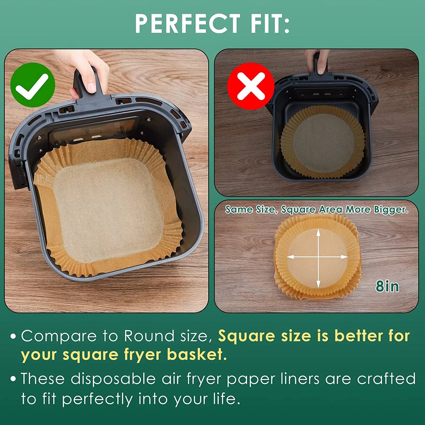 M Buder Non-Stick Disposable Parchment Paper Air Fryer Liners, Square, 7.9 in, 125 Pieces
