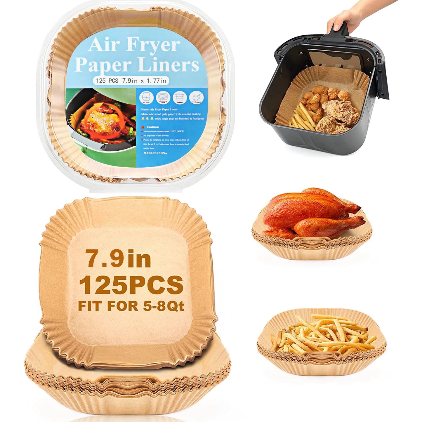 M Buder Non-Stick Disposable Parchment Paper Air Fryer Liners, Square, 7.9 in, 125 Pieces