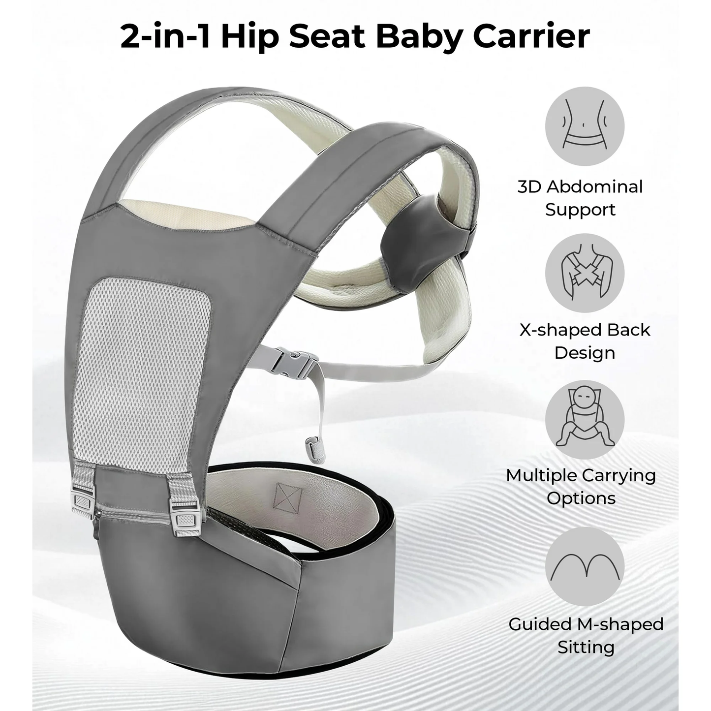 RUPOUN Baby Carrier with Hip Seat, Convertible 4-Position, Lightweight Cool Mesh, Unisex, Gray