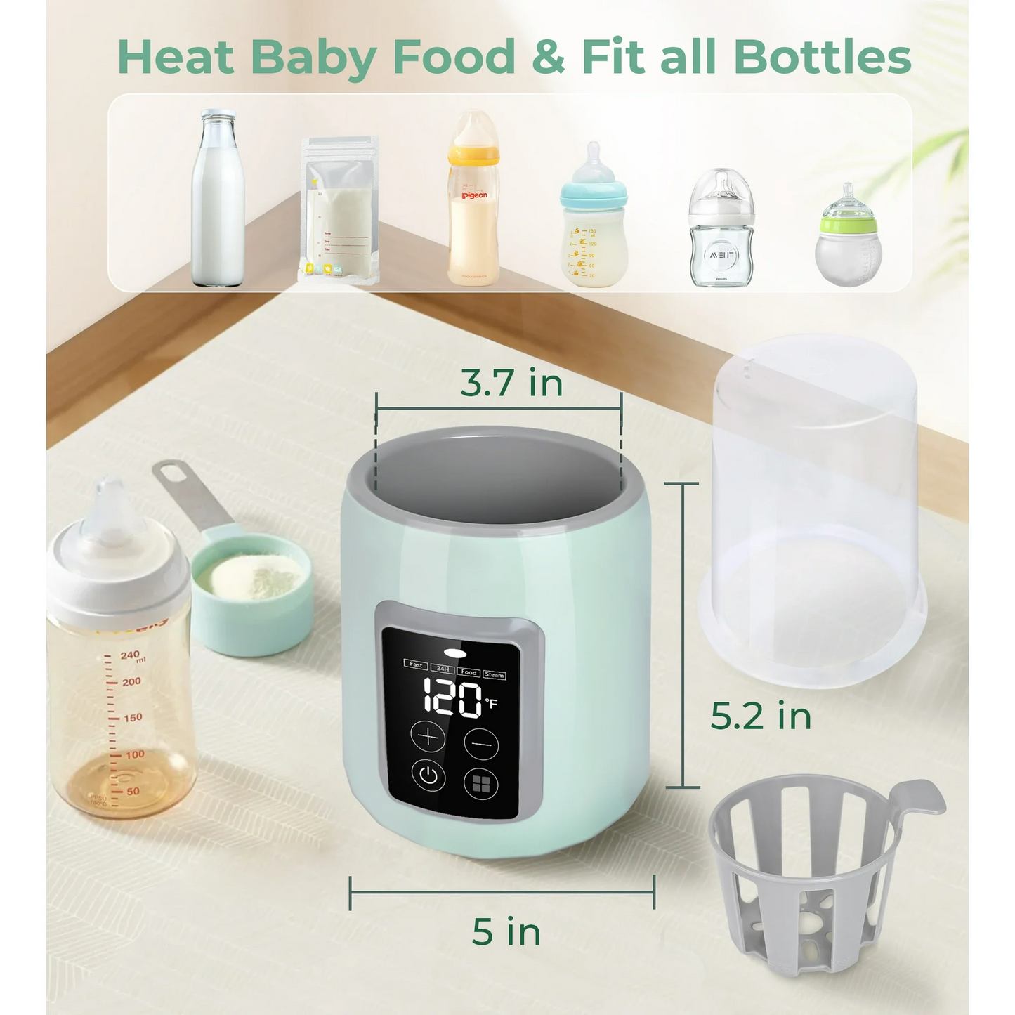 Rupoun Bottle Warmer, 4 in 1 Fast Baby Milk Portable Warmer with Timer and Temperature Control for Breastmilk or Formula, with Defrost, Sterilizer, Keep, Heat Food, Green