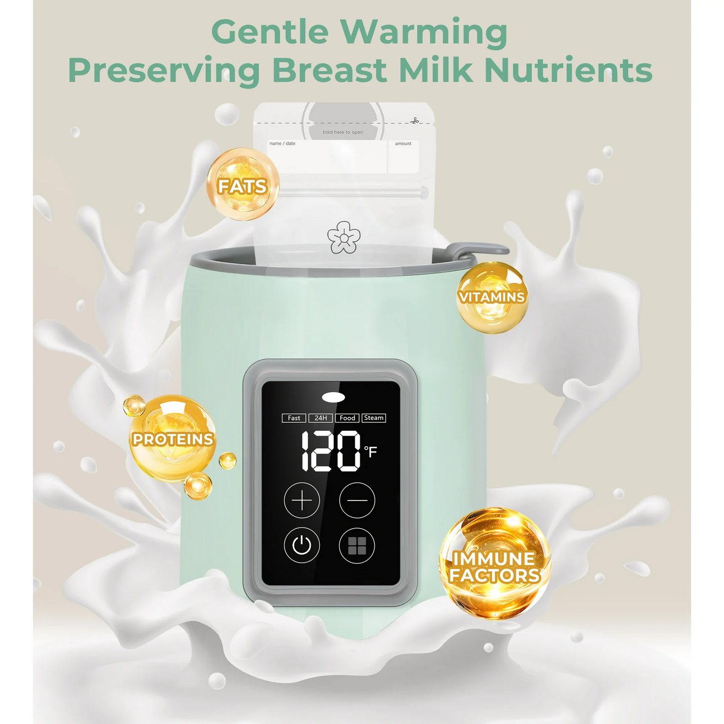 Rupoun Bottle Warmer, 4 in 1 Fast Baby Milk Portable Warmer with Timer and Temperature Control for Breastmilk or Formula, with Defrost, Sterilizer, Keep, Heat Food, Green