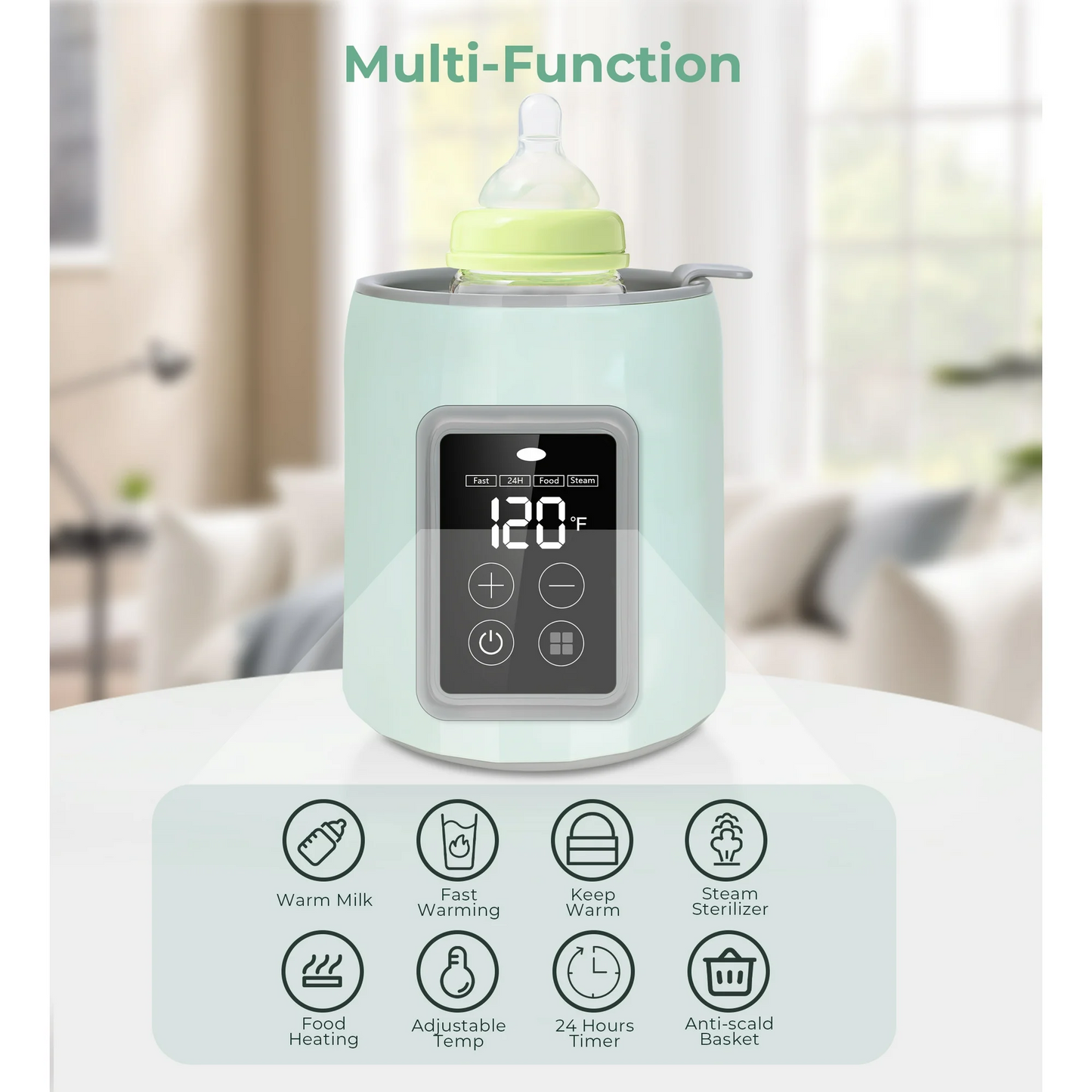 Rupoun Bottle Warmer, 4 in 1 Fast Baby Milk Portable Warmer with Timer and Temperature Control for Breastmilk or Formula, with Defrost, Sterilizer, Keep, Heat Food, Green