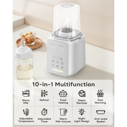 Rupoun Bottle Warmer, 8 in 1 Fast Baby Milk Portable Warmer with Timer and Temperature Control for Breastmilk or Formula, with Defrost, Sterilizer, Keep, Heat Food, White