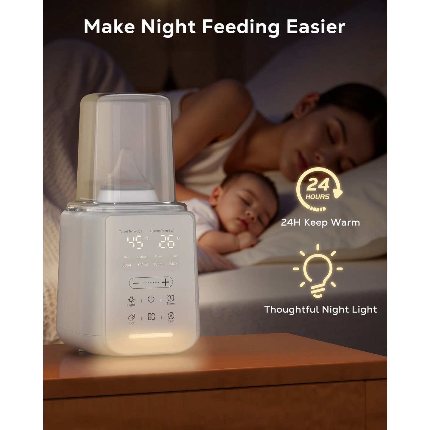 Rupoun Bottle Warmer, 8 in 1 Fast Baby Milk Portable Warmer with Timer and Temperature Control for Breastmilk or Formula, with Defrost, Sterilizer, Keep, Heat Food, White