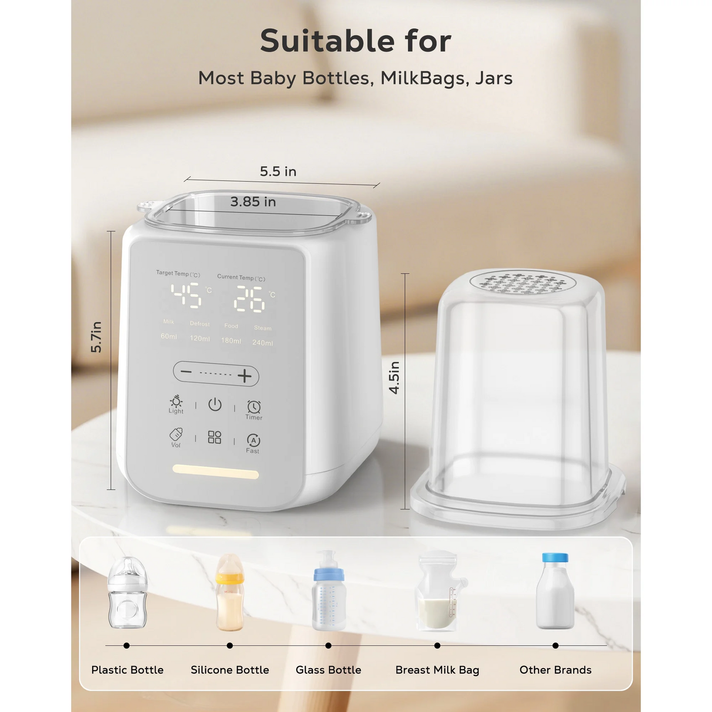 Rupoun Bottle Warmer, 8 in 1 Fast Baby Milk Portable Warmer with Timer and Temperature Control for Breastmilk or Formula, with Defrost, Sterilizer, Keep, Heat Food, White