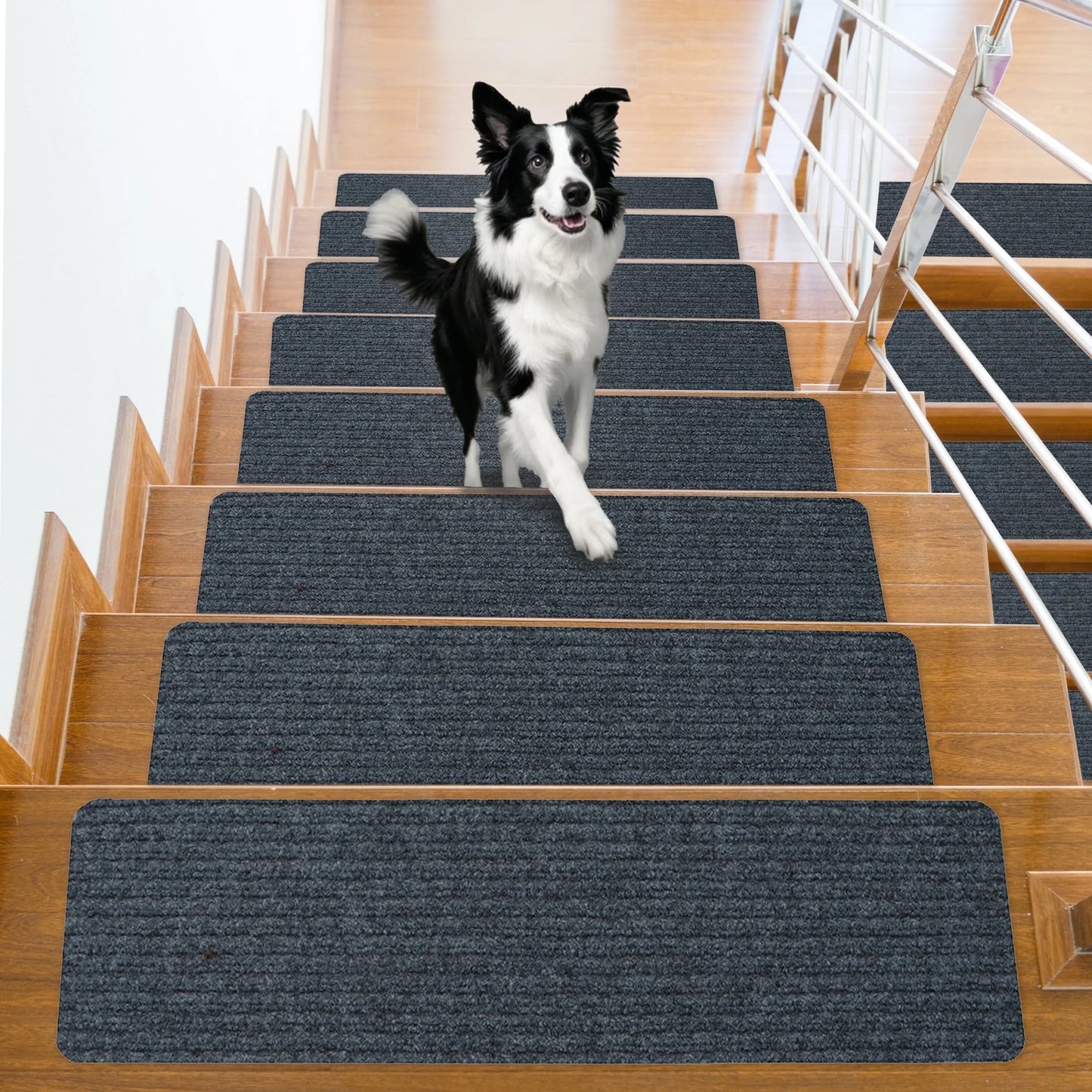 Hodvit Stair Treads 30"x8" (15 Pcs), Carpet Stair Treads for Wooden Steps Indoor, Self Adhesive Stair Anti Slip Mats , Safety Mats for Dogs, Kids & Elders Gray Stripe