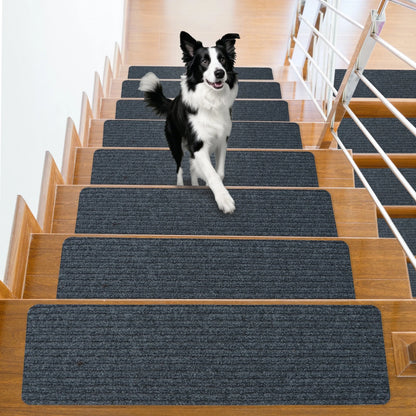 Hodvit Stair Treads 30"x8" (15 Pcs), Carpet Stair Treads for Wooden Steps Indoor, Self Adhesive Stair Anti Slip Mats , Safety Mats for Dogs, Kids & Elders Gray Stripe