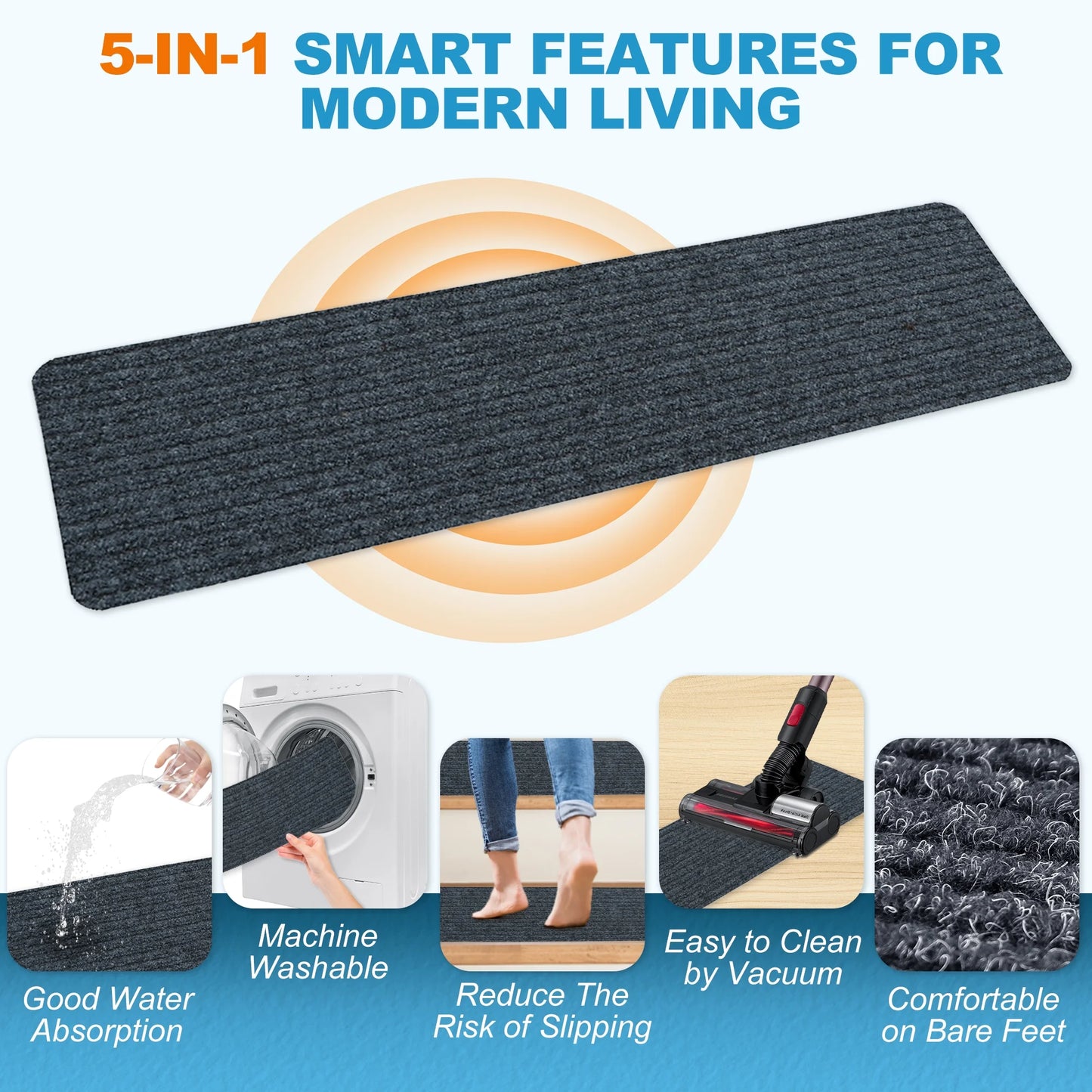 Hodvit Stair Treads 30"x8" (15 Pcs), Carpet Stair Treads for Wooden Steps Indoor, Self Adhesive Stair Anti Slip Mats , Safety Mats for Dogs, Kids & Elders Gray Stripe