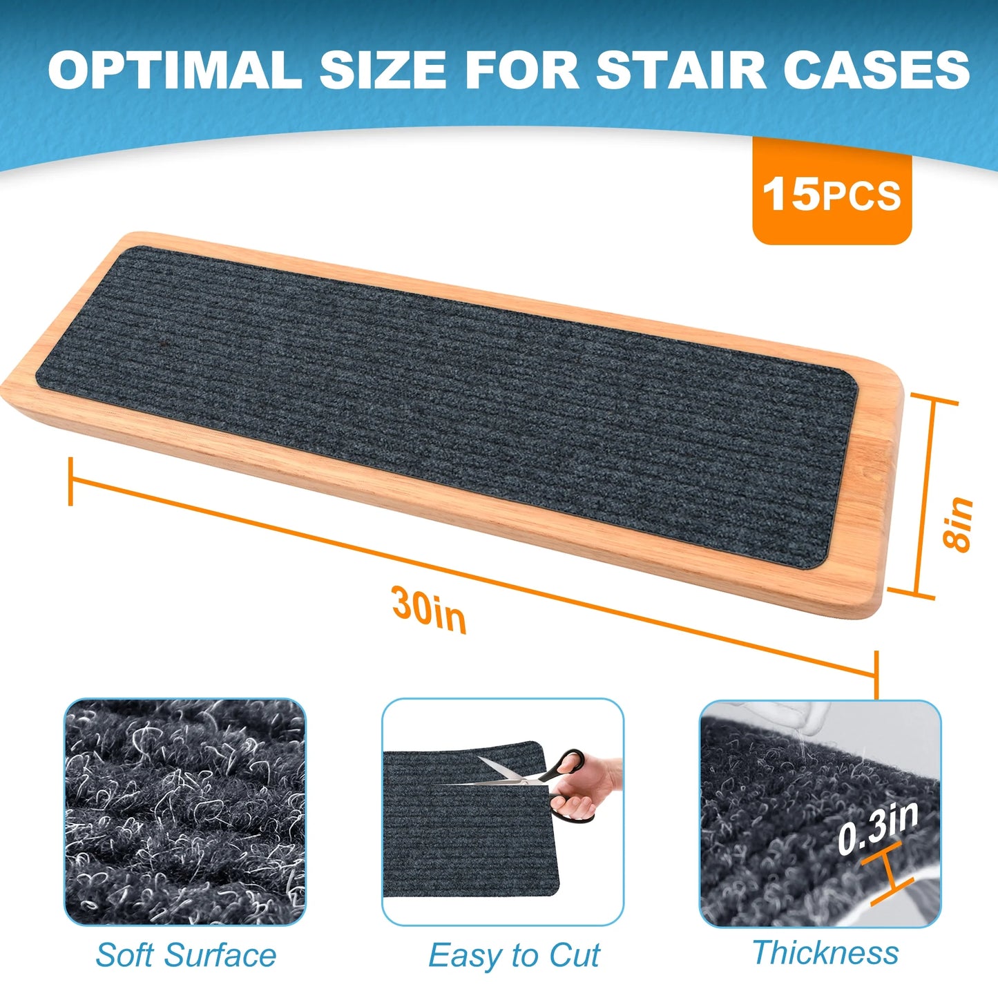 Hodvit Stair Treads 30"x8" (15 Pcs), Carpet Stair Treads for Wooden Steps Indoor, Self Adhesive Stair Anti Slip Mats , Safety Mats for Dogs, Kids & Elders Gray Stripe