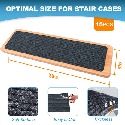 Hodvit Stair Treads 30"x8" (15 Pcs), Carpet Stair Treads for Wooden Steps Indoor, Self Adhesive Stair Anti Slip Mats , Safety Mats for Dogs, Kids & Elders Gray Stripe