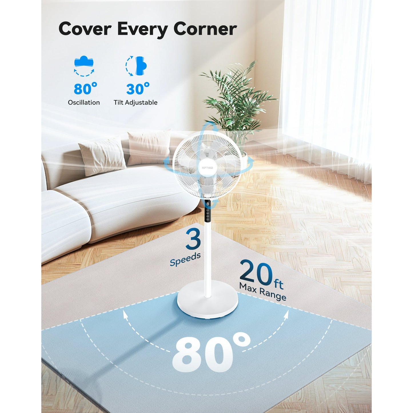 NFTIGB Oscillating Pedestal Fan, 7 Blades 3 Speeds 9H Timer Standing Floor Fan with Remote,White New