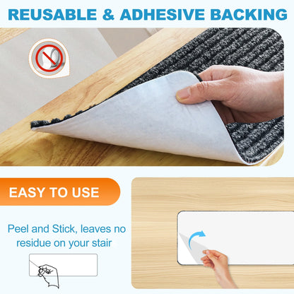 Hodvit Stair Treads 30"x8" (15 Pcs), Carpet Stair Treads for Wooden Steps Indoor, Self Adhesive Stair Anti Slip Mats , Safety Mats for Dogs, Kids & Elders Gray Stripe