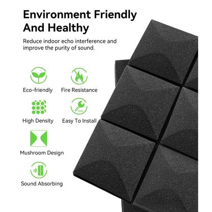Hodvit 24 Pack Acoustic Foam Panels, 2" x 12" x 12" Mushroom Sound Proof Foam Panles Soundproofing Noise Cancelling Wedge Panels for Home Office Recoding Studio, Black