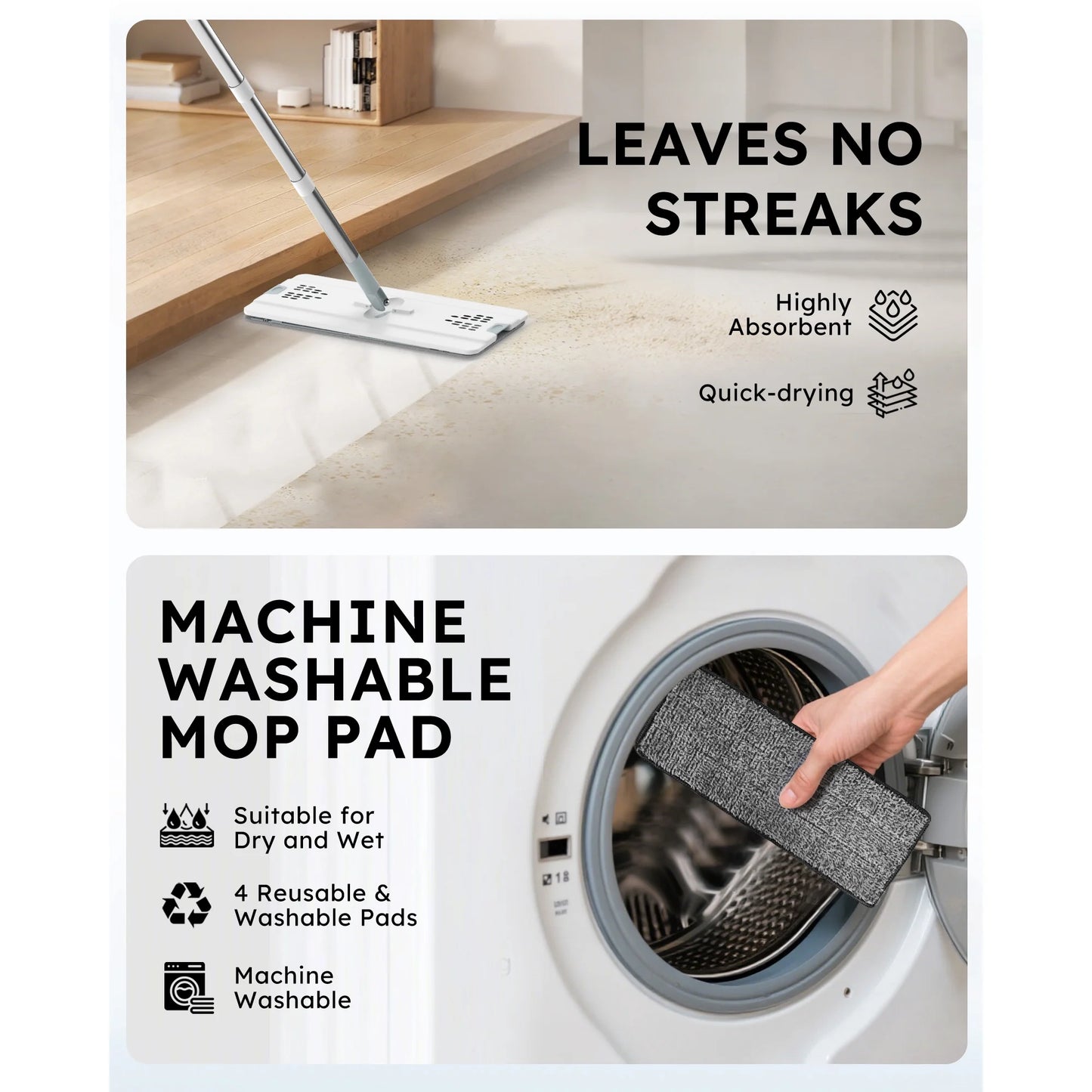 BIMZUC Mop and Bucket with Wringre Set, with 4 Microfiber Reusable Pads, Wet and Dry Use for Household Cleaning and Floor Windows Cleaning