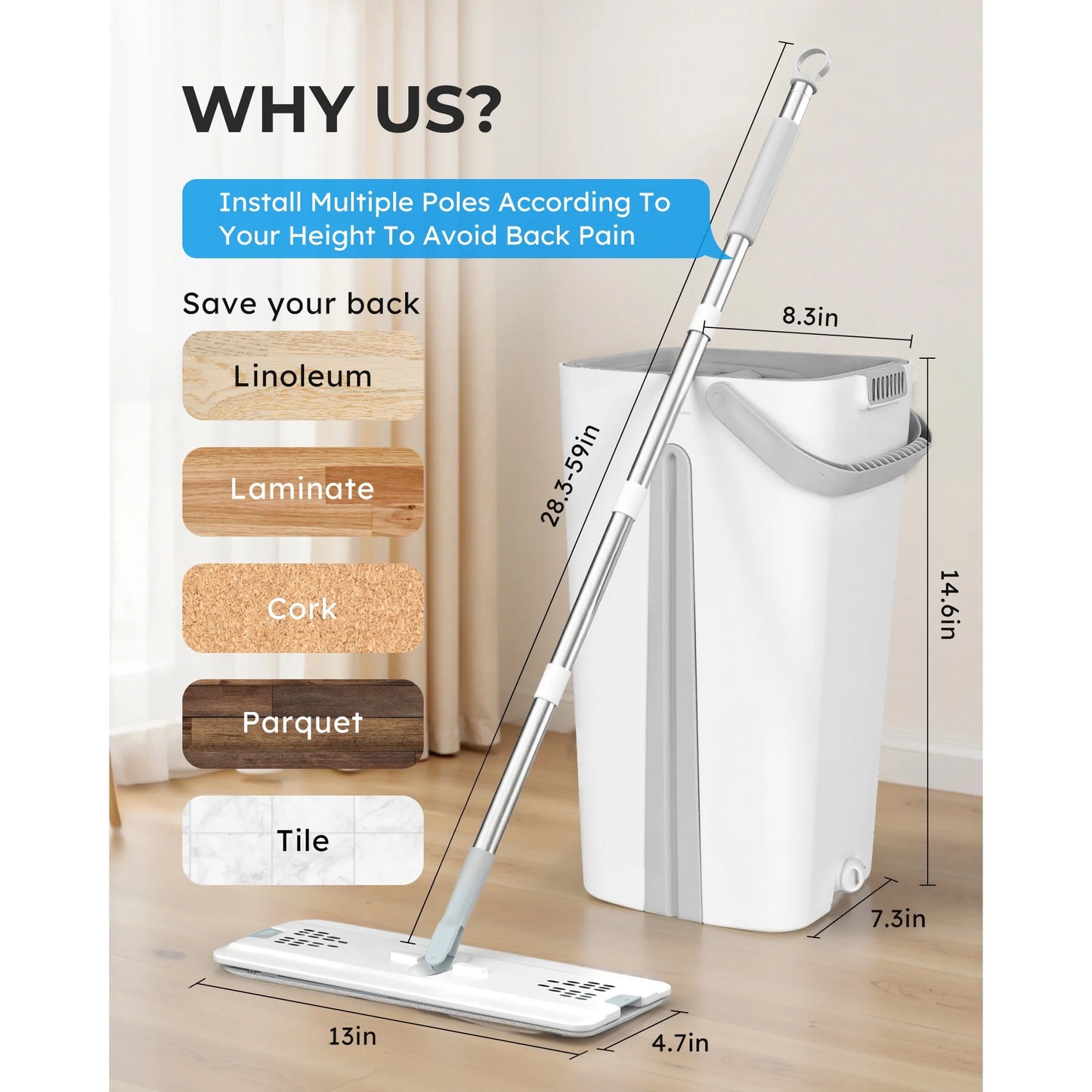 BIMZUC Mop and Bucket with Wringre Set, with 4 Microfiber Reusable Pads, Wet and Dry Use for Household Cleaning and Floor Windows Cleaning