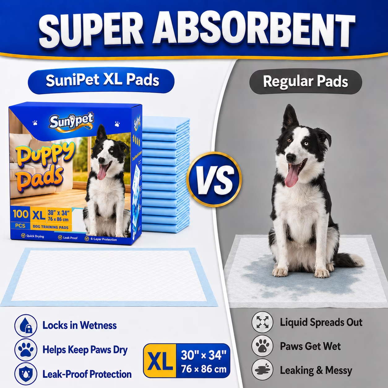 Sunypet Puppy Pads Disposable Dog Potty Training Pads, Quick Dry, Ultra Absorbent, XL 30"x34", 100ct