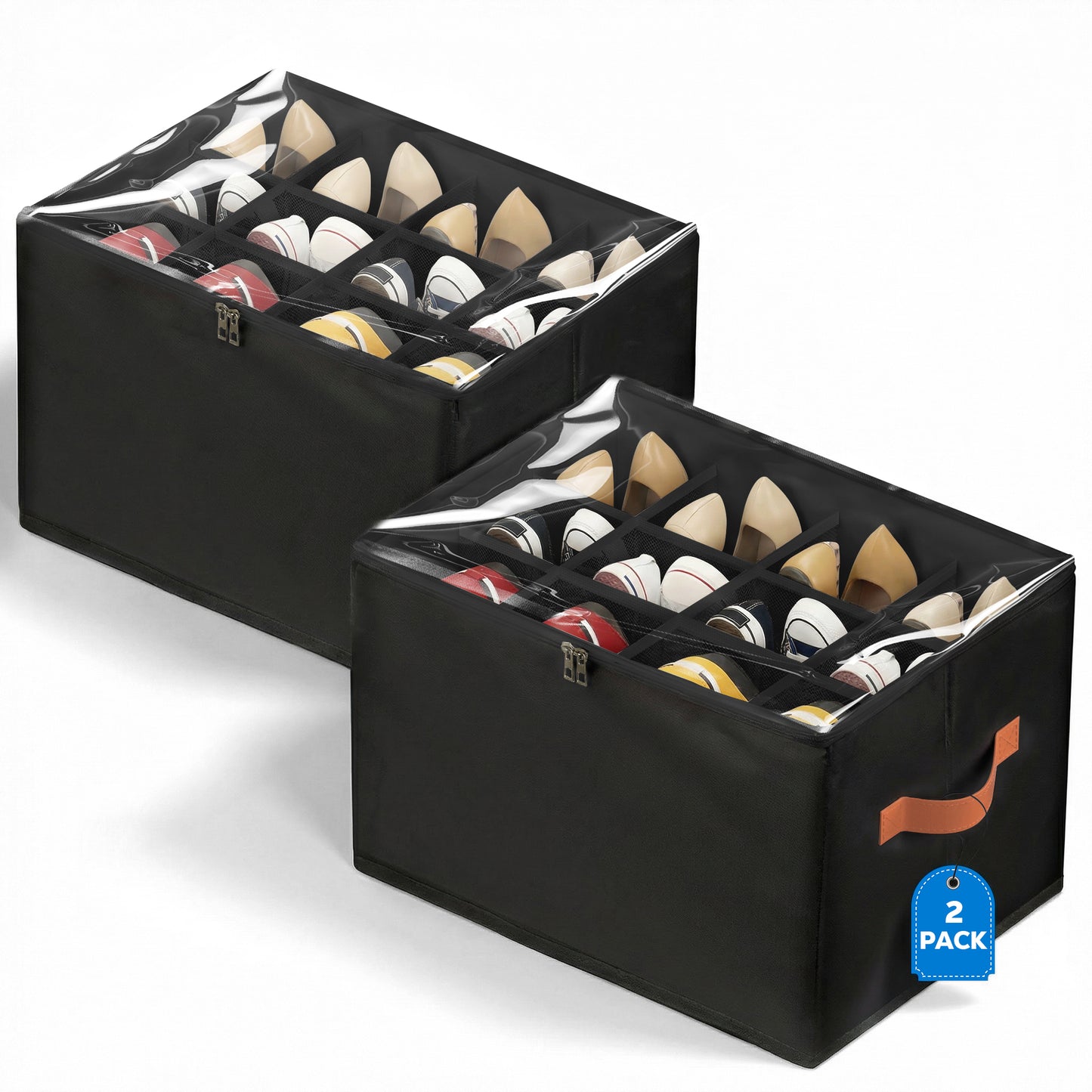 Riousery 2-Pack Under Bed Shoe Organizer for Closet, 24 Individual Shoe Slots, Foldable Storage Boxes with Clear Zipper Cover & Handles, Black