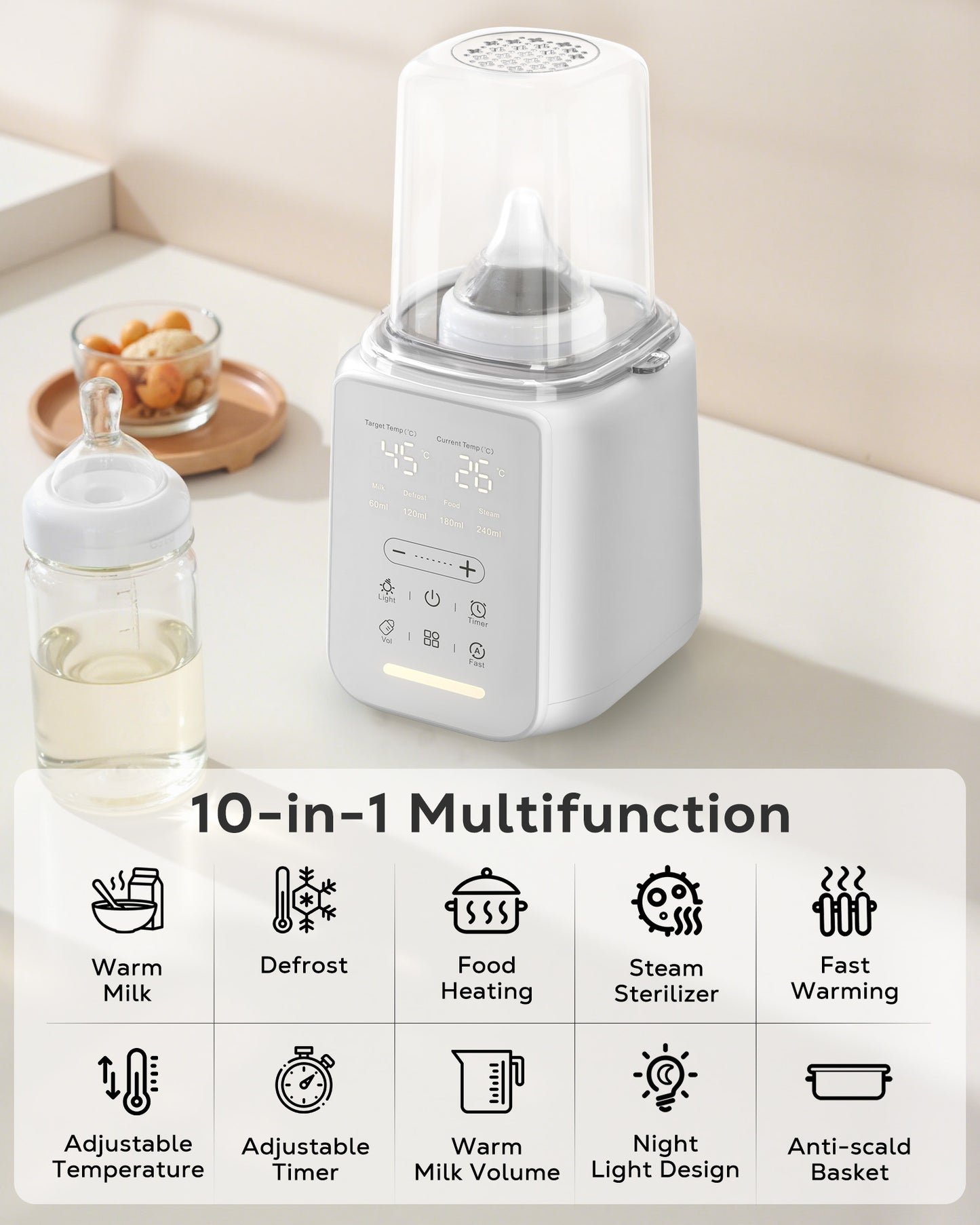 RUPOUN Bottle Warmer, 8 in 1 Fast Baby Milk Portable Warmer with Timer and Temperature Control for Breastmilk or Formula, with Defrost, Sterilizer, Keep, Heat Food, White