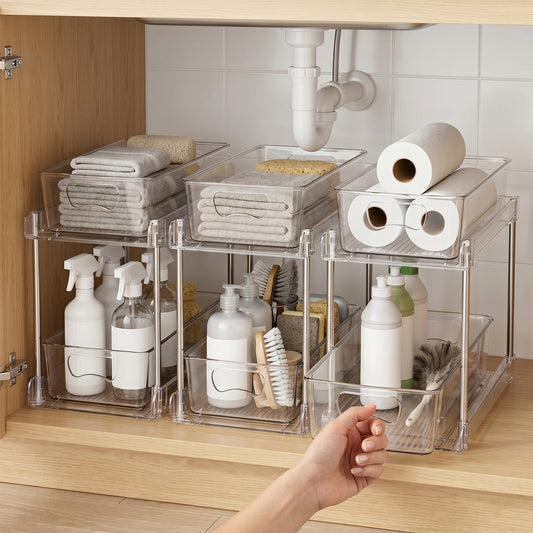 Riousery 2-Tier Clear Under Sink Organizer, 3-Pack Pull-Out Cabinet Storage, Stackable Design for Kitchen and Bathroom