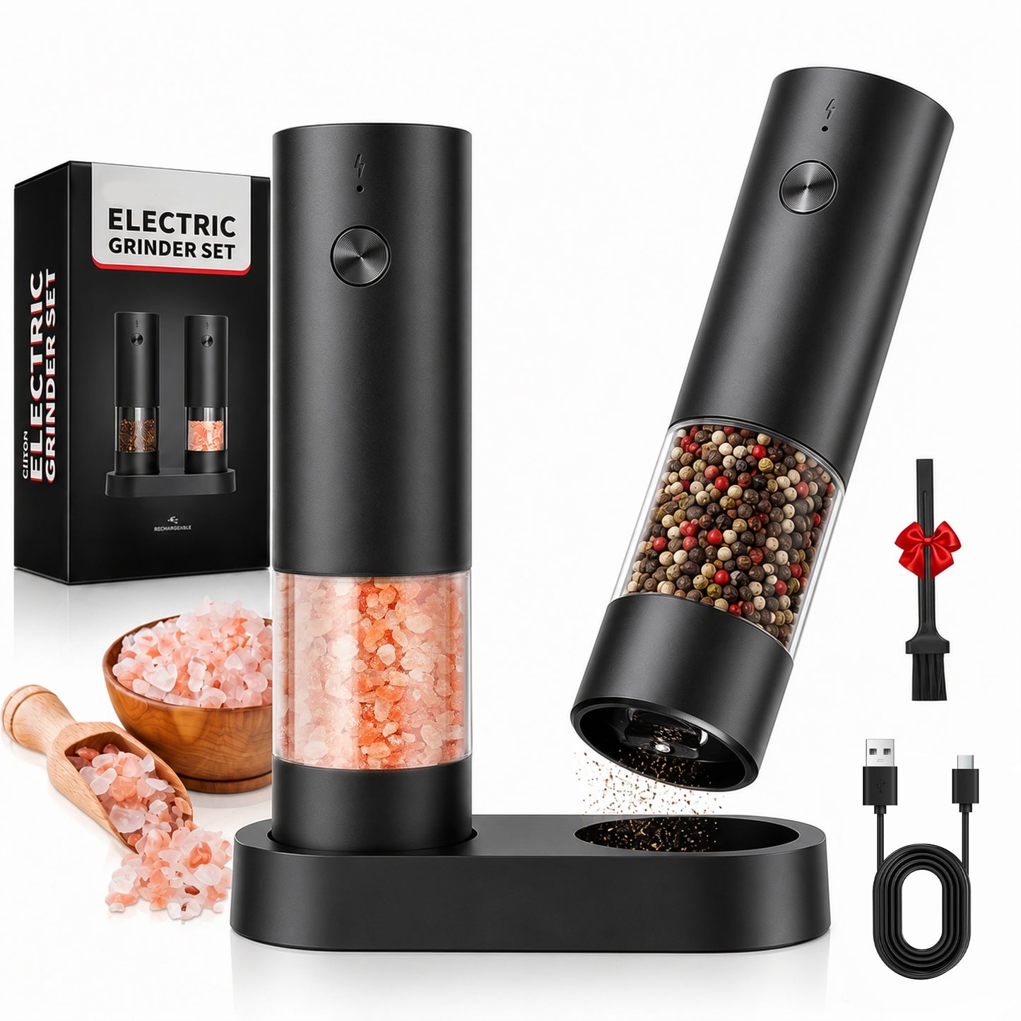 M Buder Electric Salt and Pepper Grinder Set, Automatic USB Rechargeable Pepper Mill Shakers Adjustable Coarseness Easy Filling, 2 Pack, Black