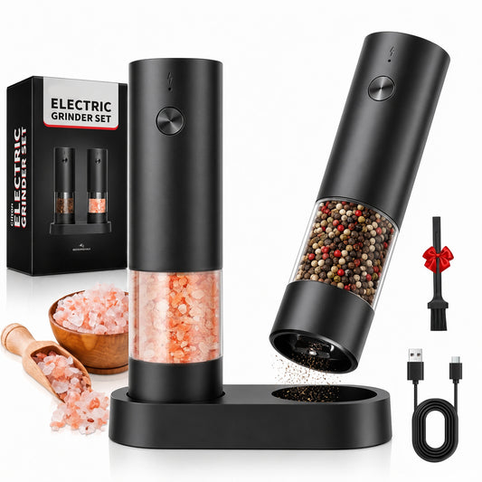M Buder Electric Salt and Pepper Grinder Set, Automatic USB Rechargeable Pepper Mill Shakers Adjustable Coarseness Easy Filling, 2 Pack, Black