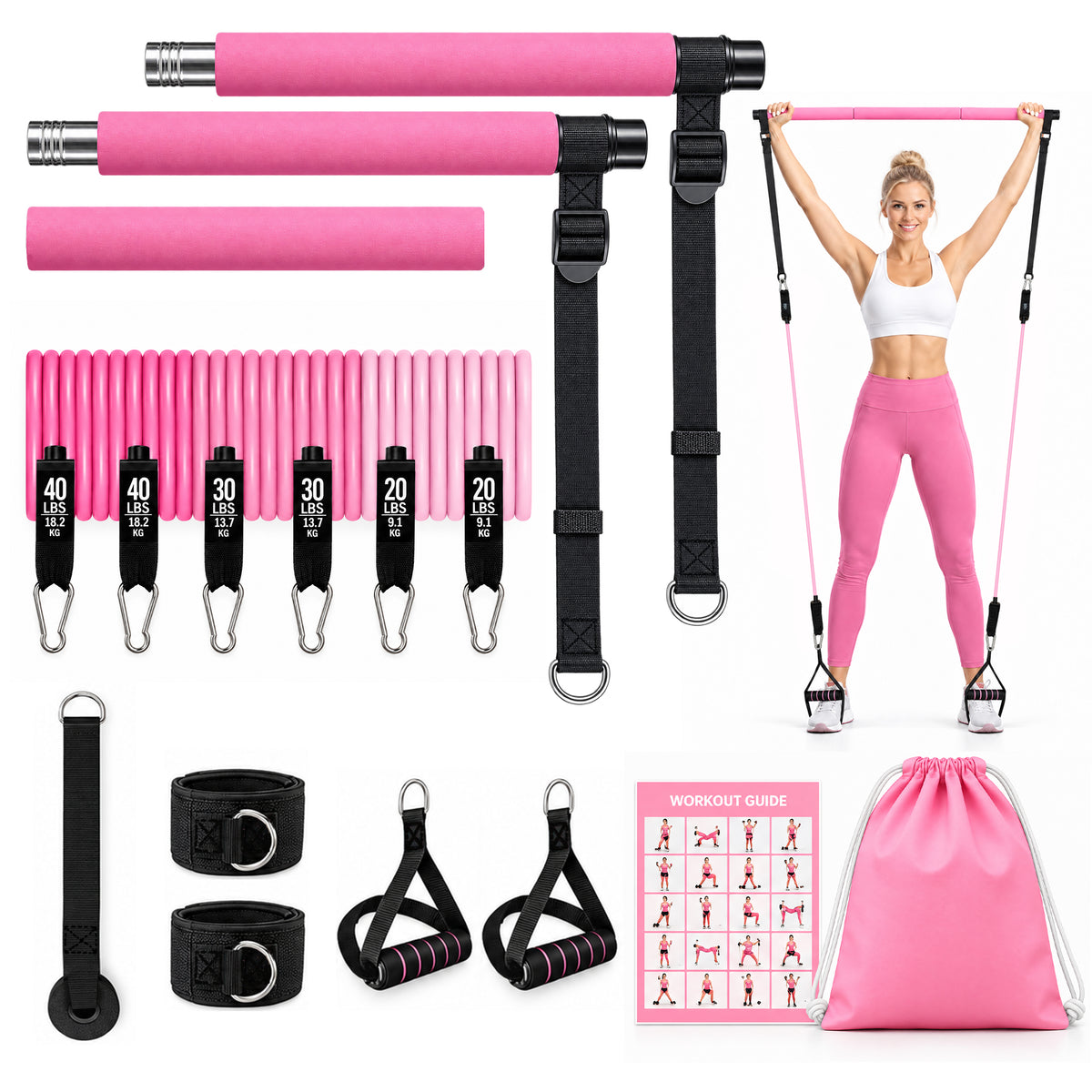 Pilates Bar Kit with Resistance Bands, 1.26in Wide Foot Straps, 3-Section Home Gym Workout Equipment