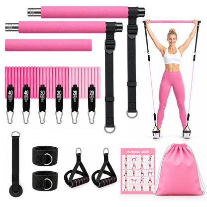 Pilates Bar Kit with Resistance Bands, 1.26in Wide Foot Straps, 3-Section Home Gym Workout Equipment