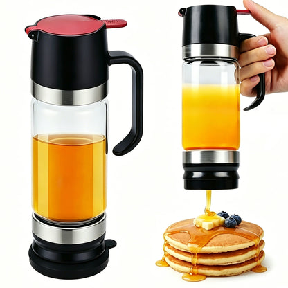 Riousery Honey Dispenser No Drip, 12oz Glass Syrup Dispenser with Press Lid, Leakproof Honey Jar with Silicone Seal, One-Hand Use for Honey, Oil, Sauces