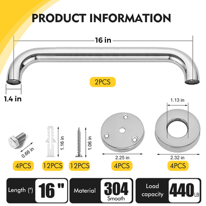 Hodvit 2 Pack 18 Inch Grab Bars for Bathtubs and Showers, Handicap Bathroom Safety Rail for Elderly, Anti Slip Shower Grab Bars Stainless Steel Shower Handle for Bathroom, Tub, Toilet, Bath (White)