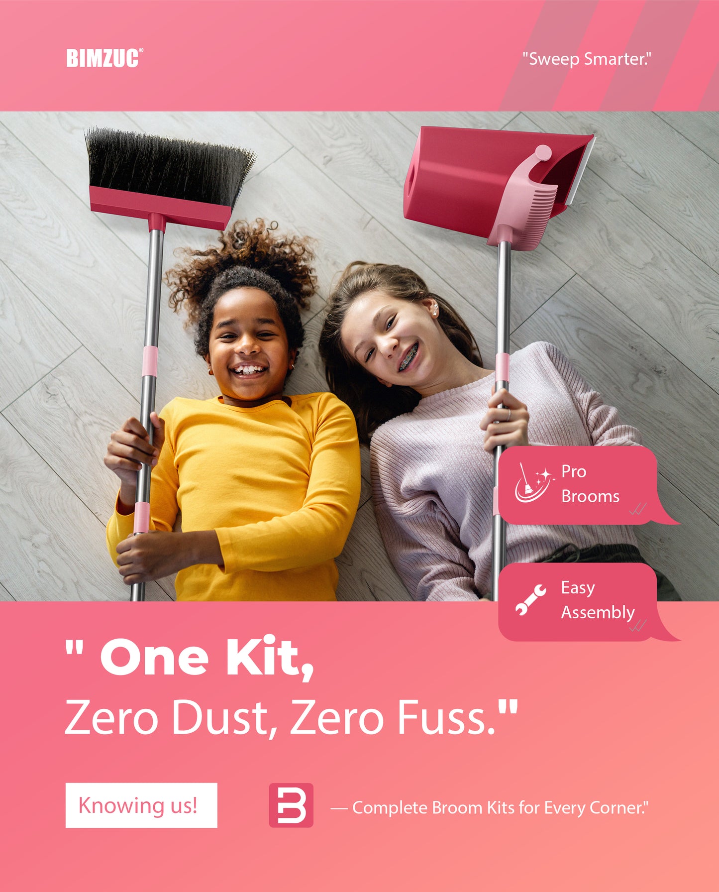 BIMZUC Broom and Dustpan Set for Home, 51" Long Handle Dustpan w/Comb, Broom & Dustpan, Rose Red